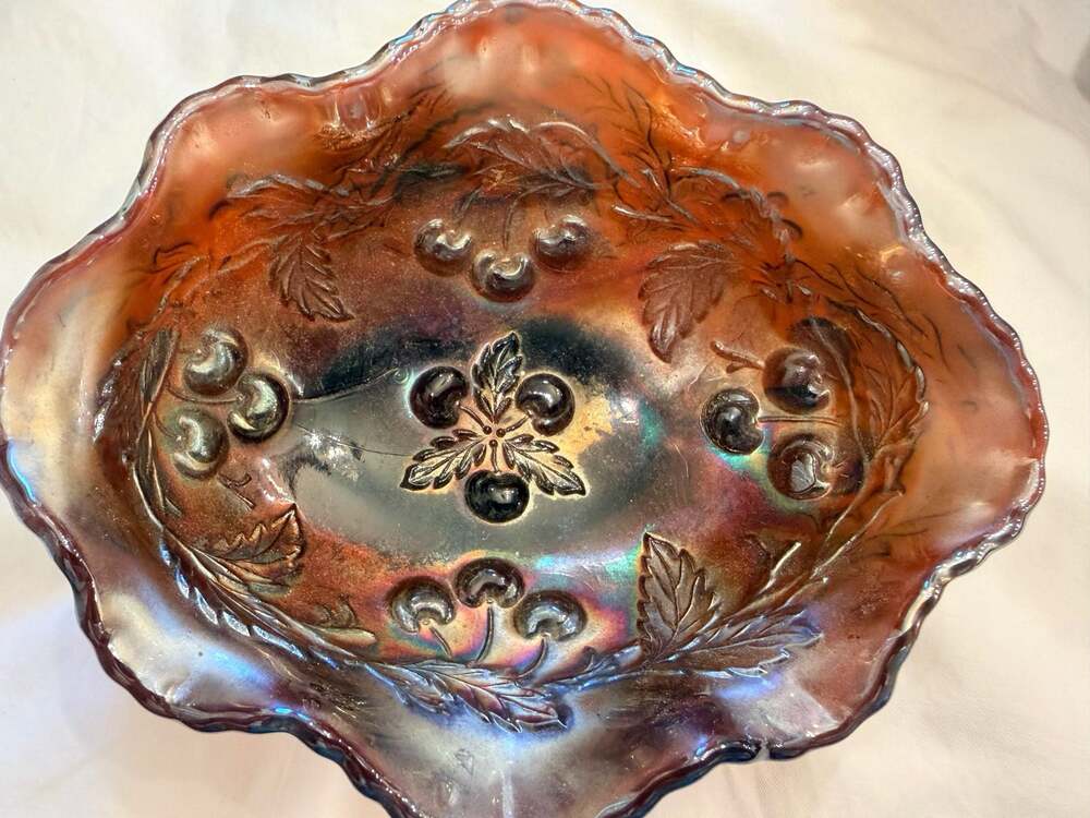 Vintage Dugan Carnival Glass Wreathed Cherry Oval Berry Bowl